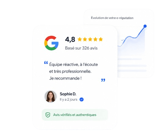Illustration d'une carte d'avis et de l'évolution de l'e-réputation