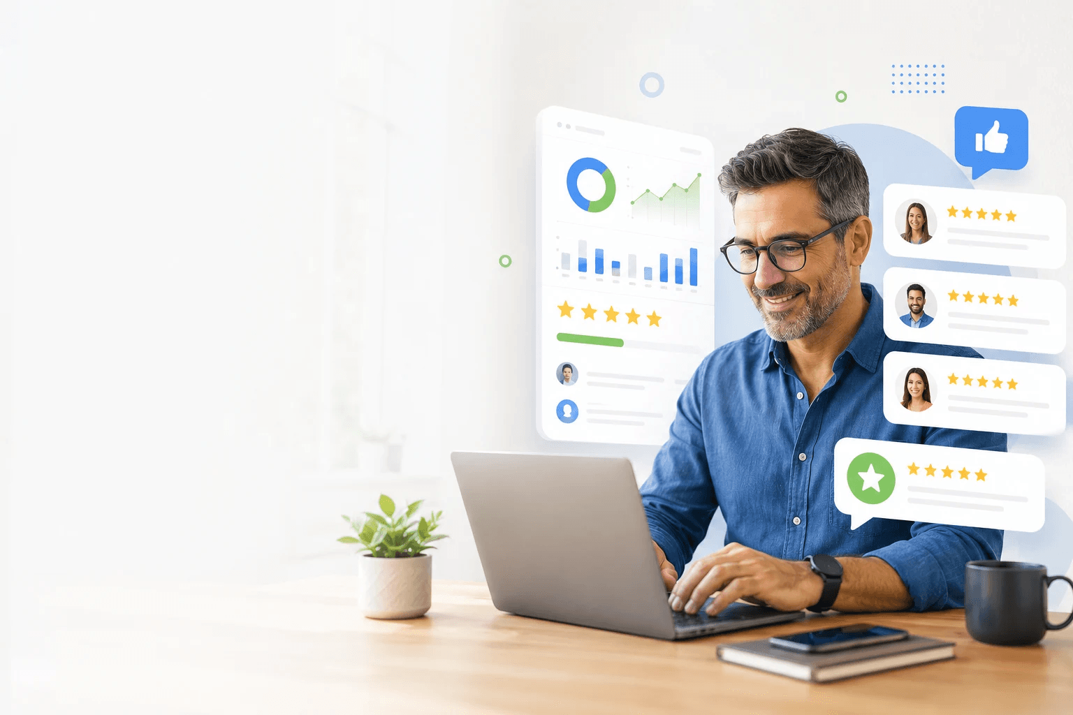 Gerant souriant qui gere les avis clients de son entreprise sur son ordinateur portable