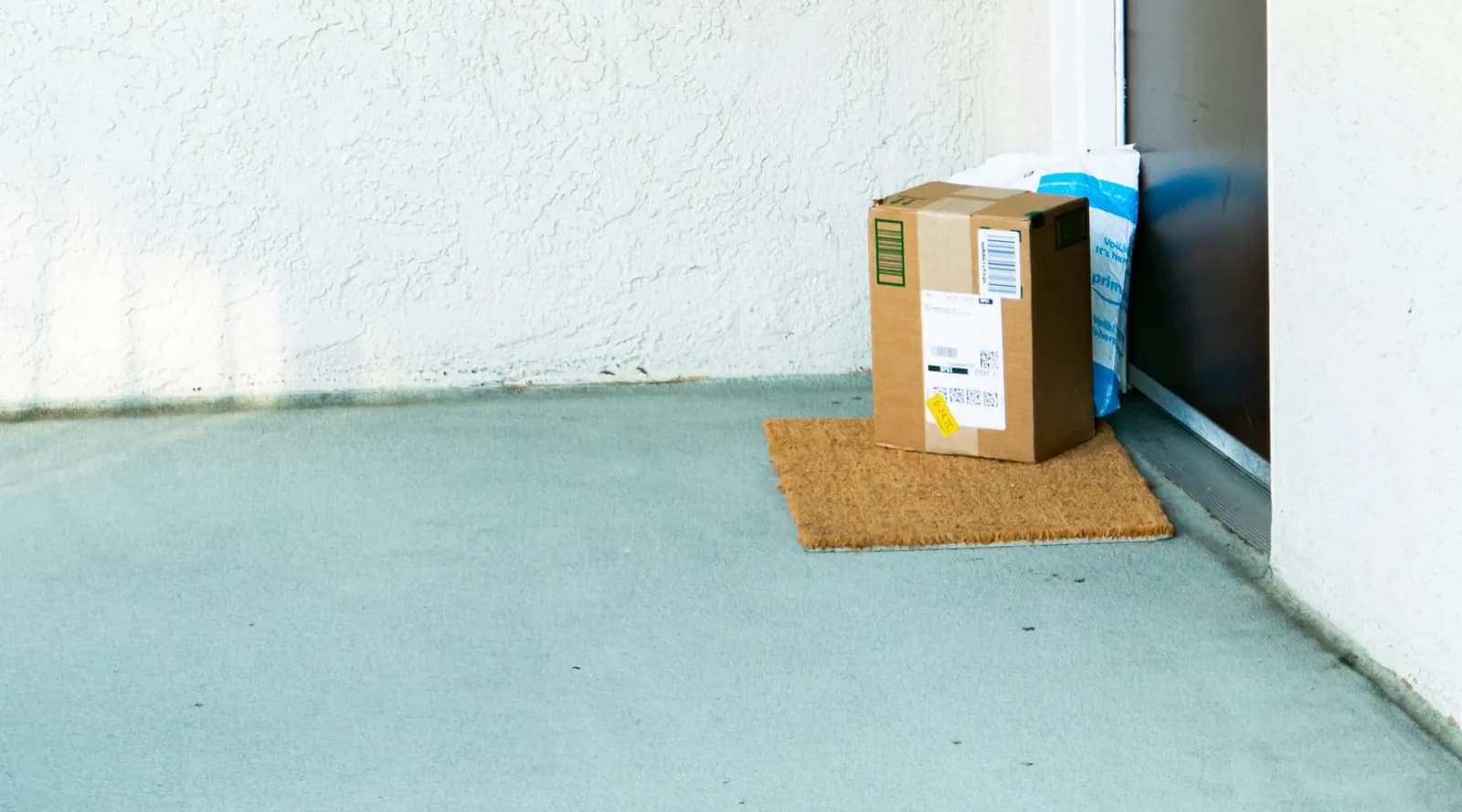 Delivered parcel waiting on the doormat at a front door